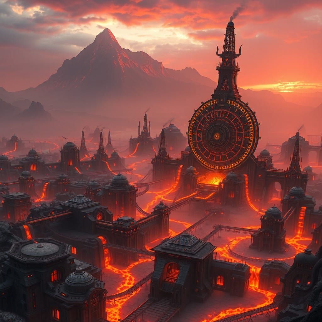 Industrial Metropolis Amidst Volcanic Wastelands, Red Mounta...