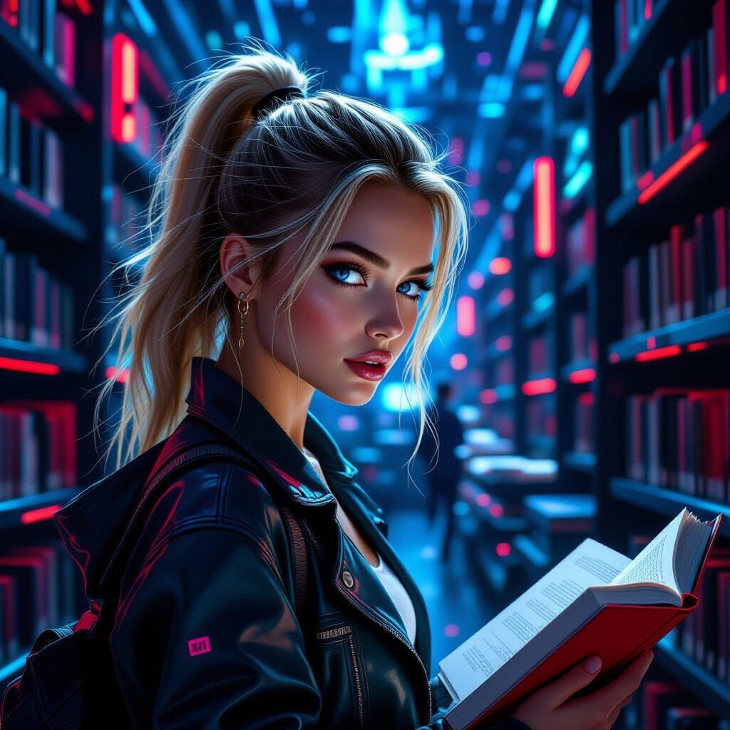 Cyberpunk Librarian Searches Magical Books