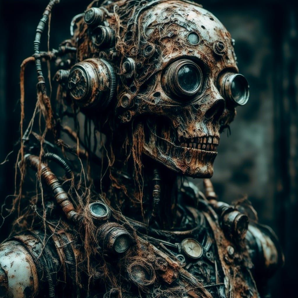 Detailed Macabre Robot in Hyperrealistic Mixed-Media