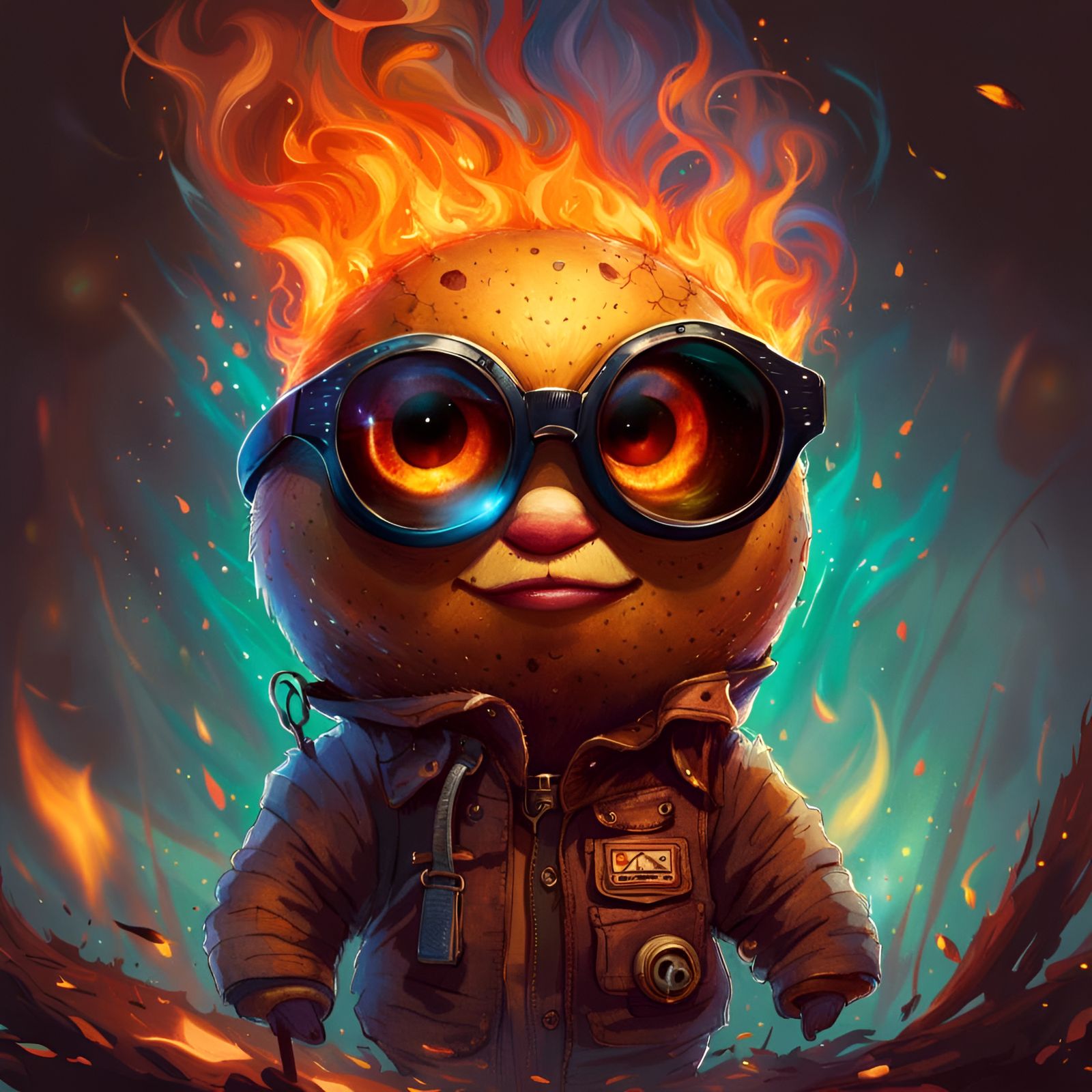 Potato Character in Flames: Digital Portrait
