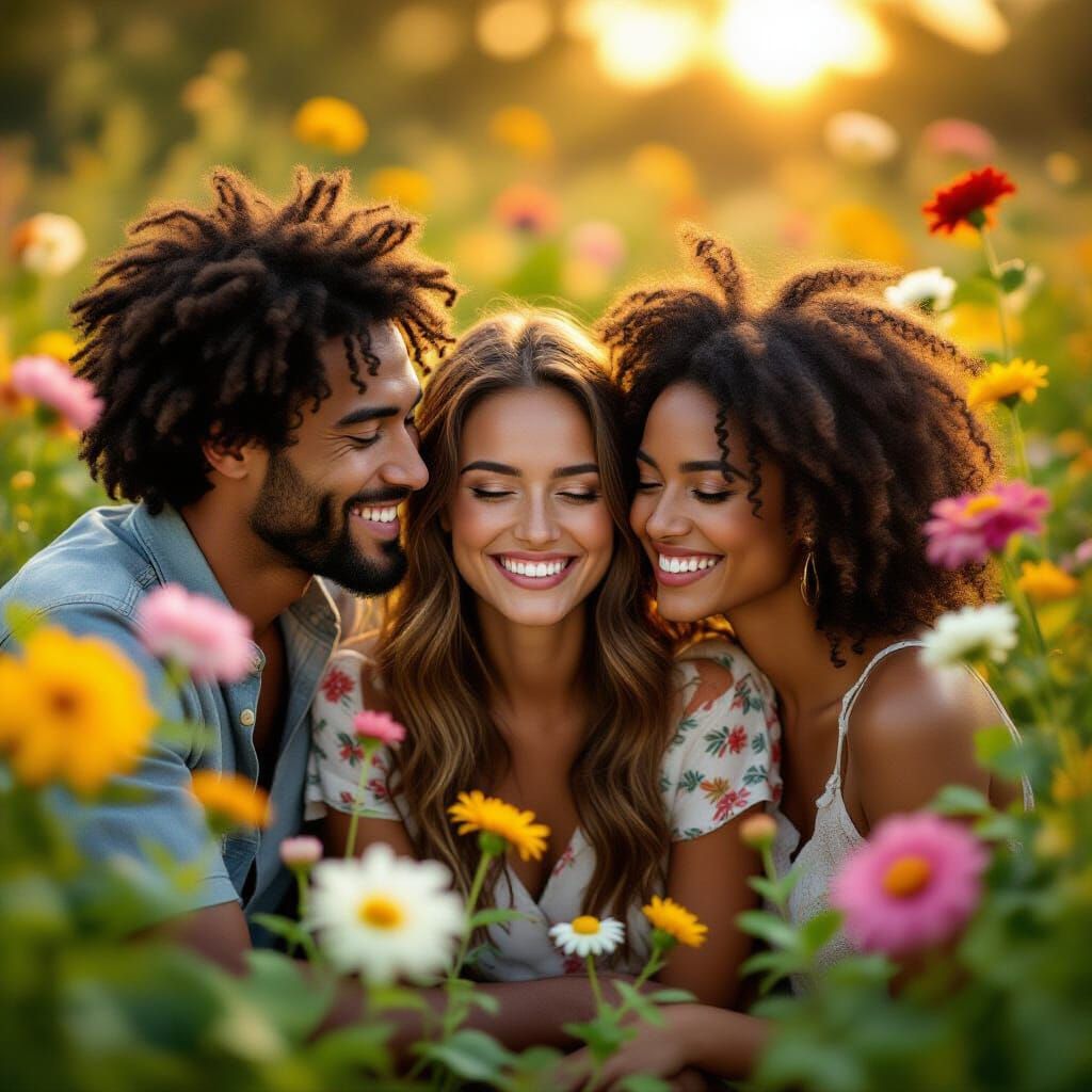 People Surrounded by Flowers in Vibrant Light