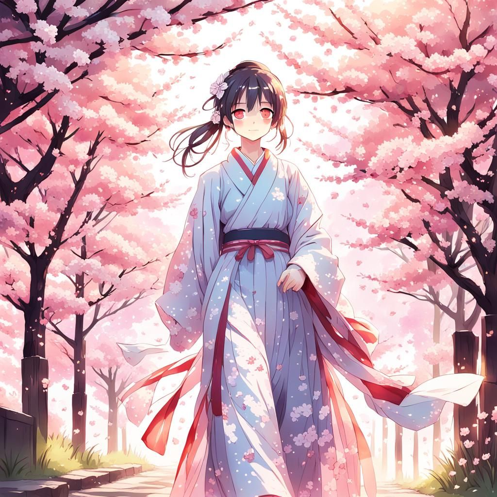 Anime Woman in Kimono Under Cherry Blossoms