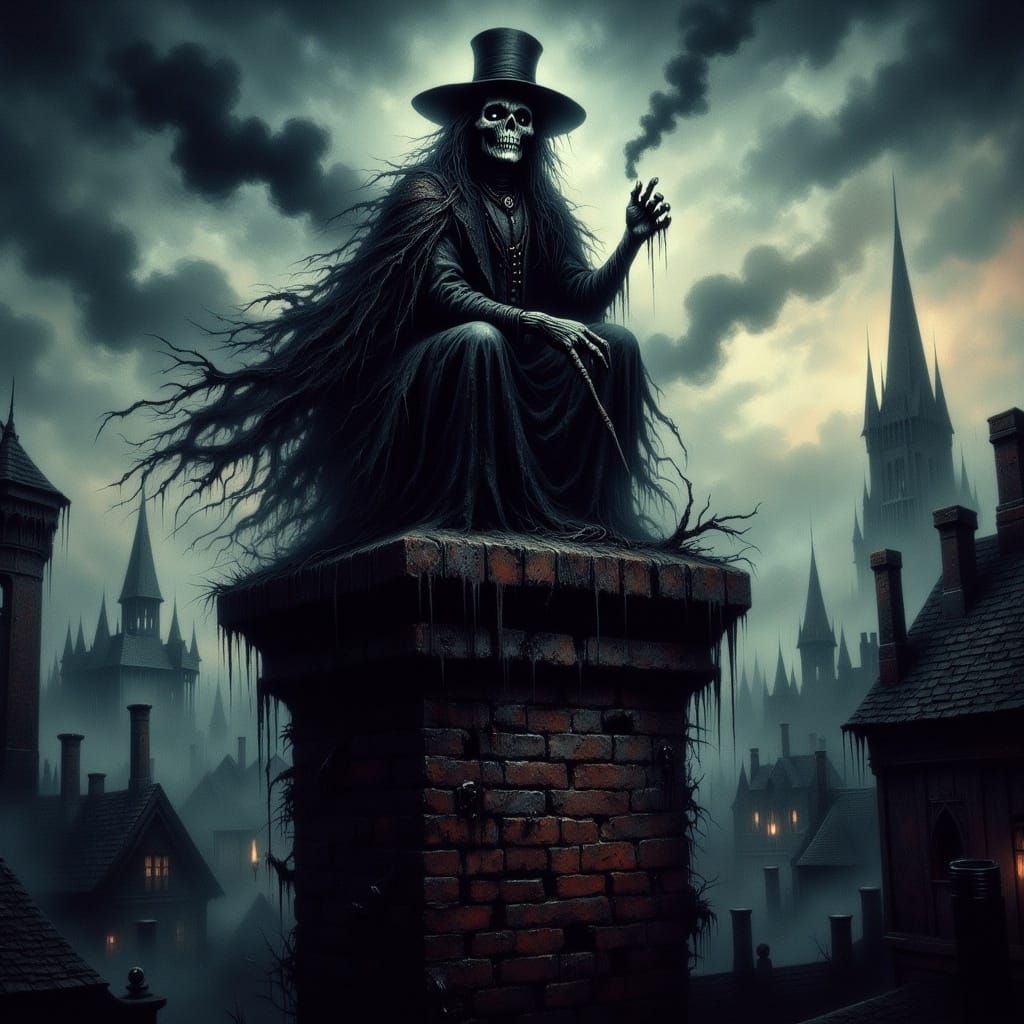 Eerie Chimney Sweep in Dark Fantasy Cityscape