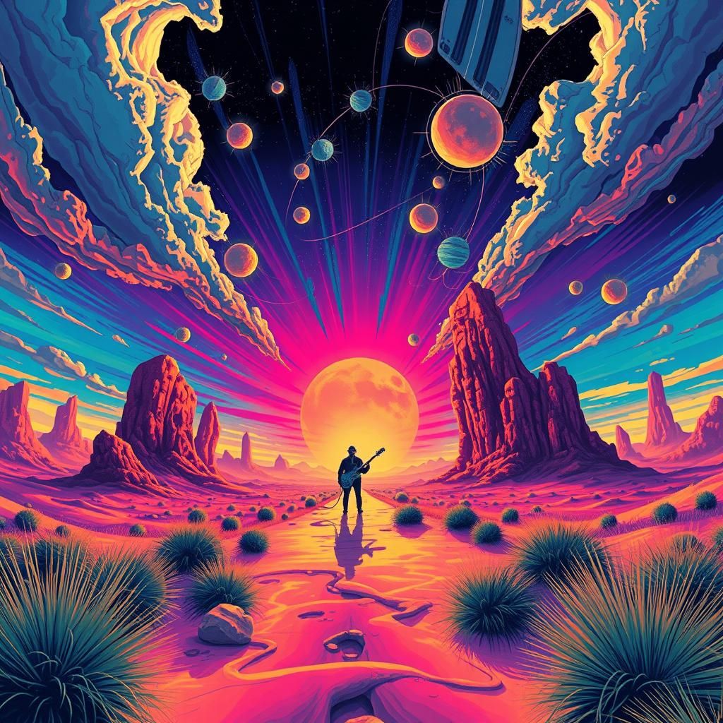 Surreal Alien Landscape with Guitarist, Futuristic Art