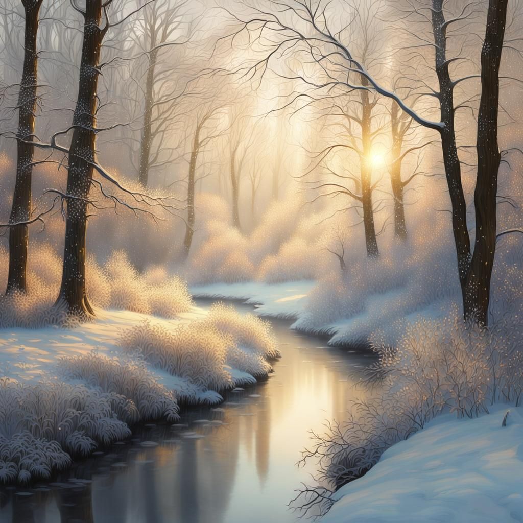 Winter Forest Stream in Impressionist Style