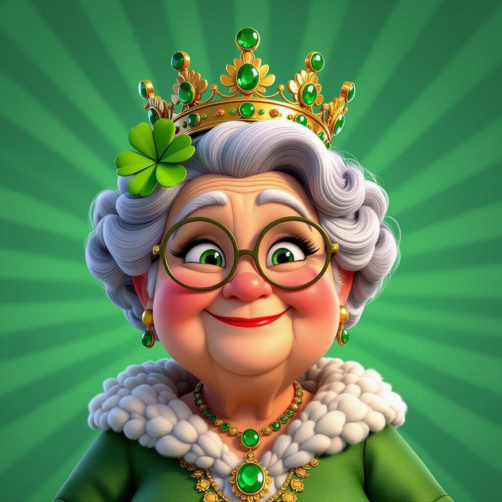 Grandma Queen with Clover Crown in Pixar Style