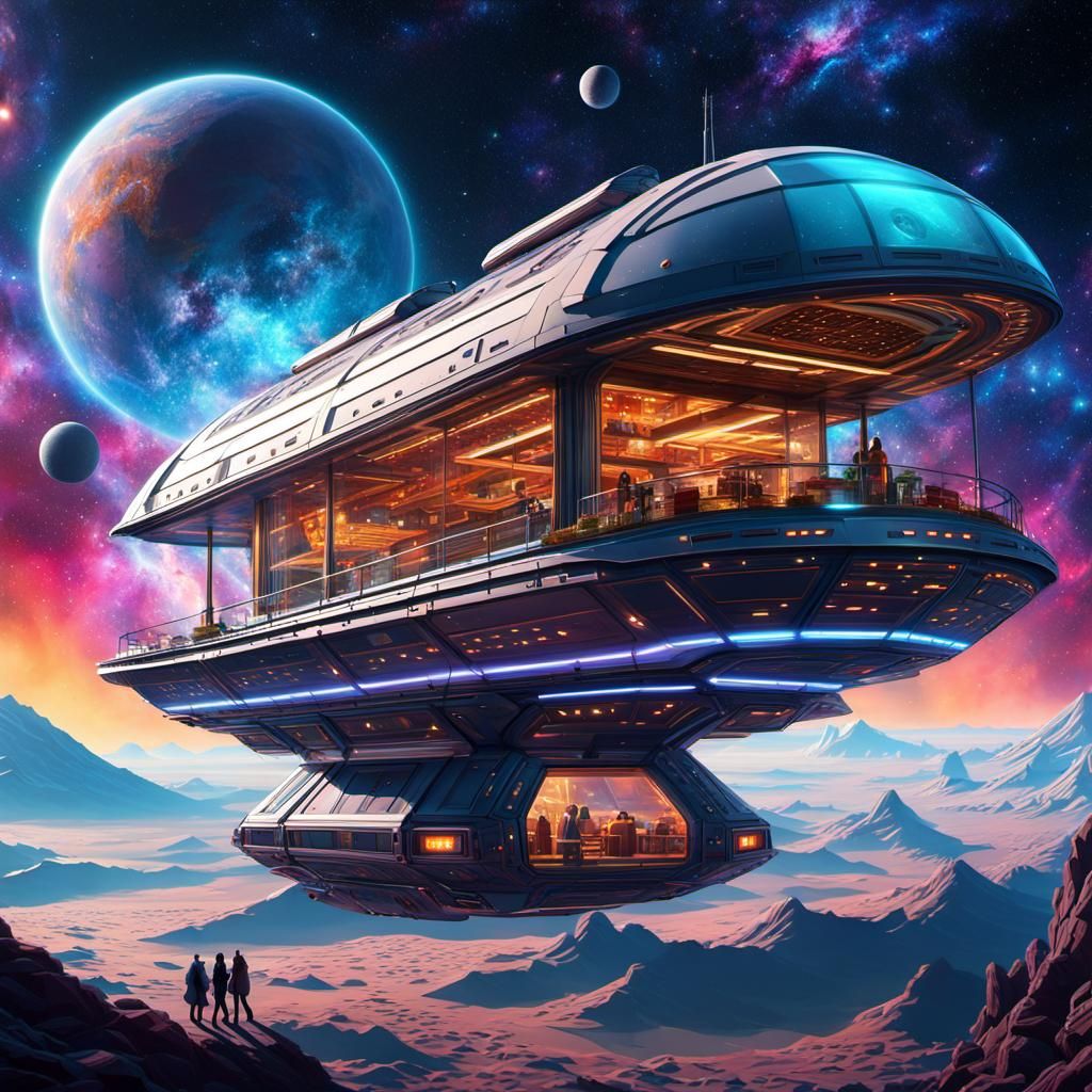 Futuristic Mobile Eateries in Space, Cosmic Illustration