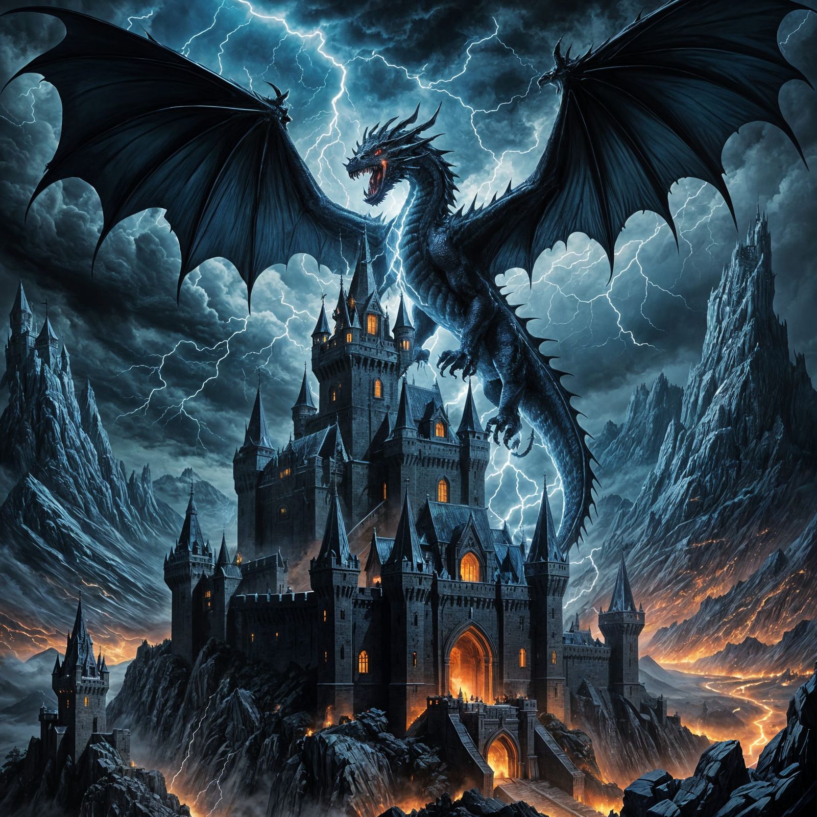 Epic Black Castle Under Lightning Storm