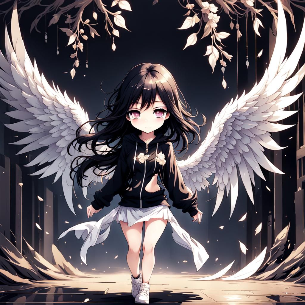 Chibi Fallen Angel with Black Hair in Anime Style