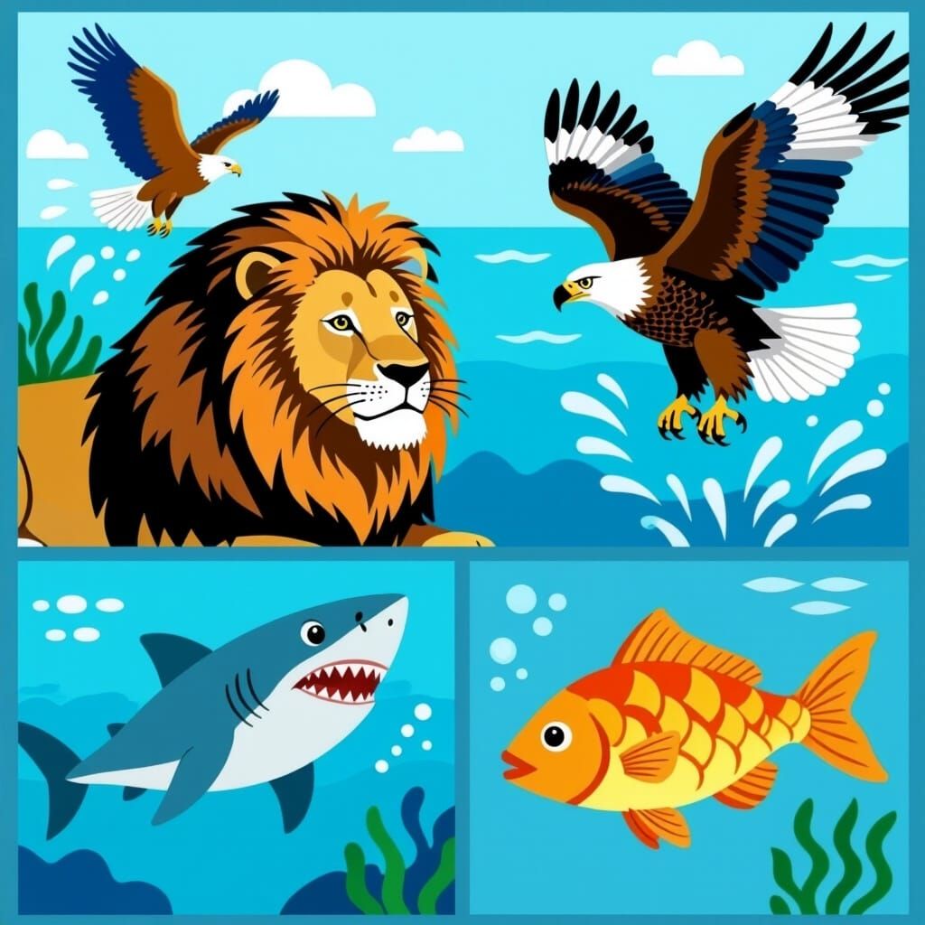 Lion, Hawk, Shark, and Fish in Surreal Combination