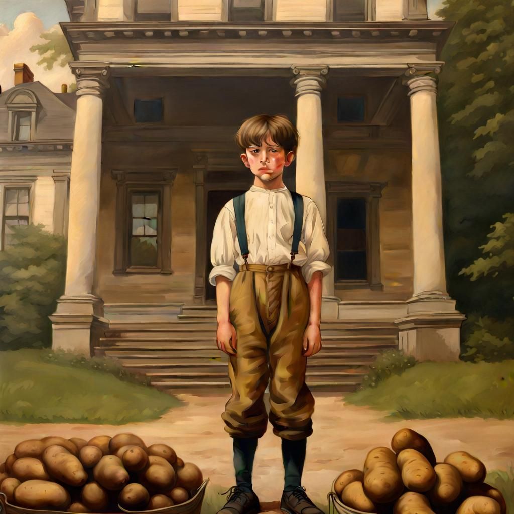 Boy in Sack Before Victorian Mansion: Hyperrealism
