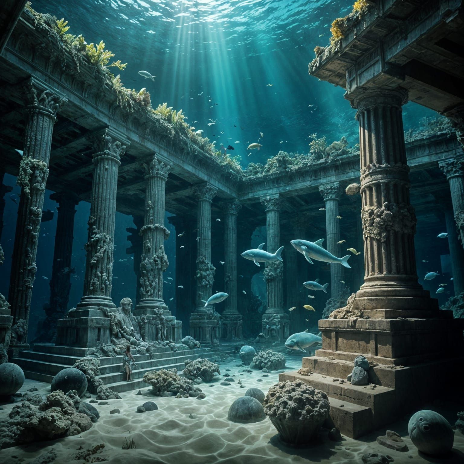 Underwater Post-Human City with Bioluminescent Life