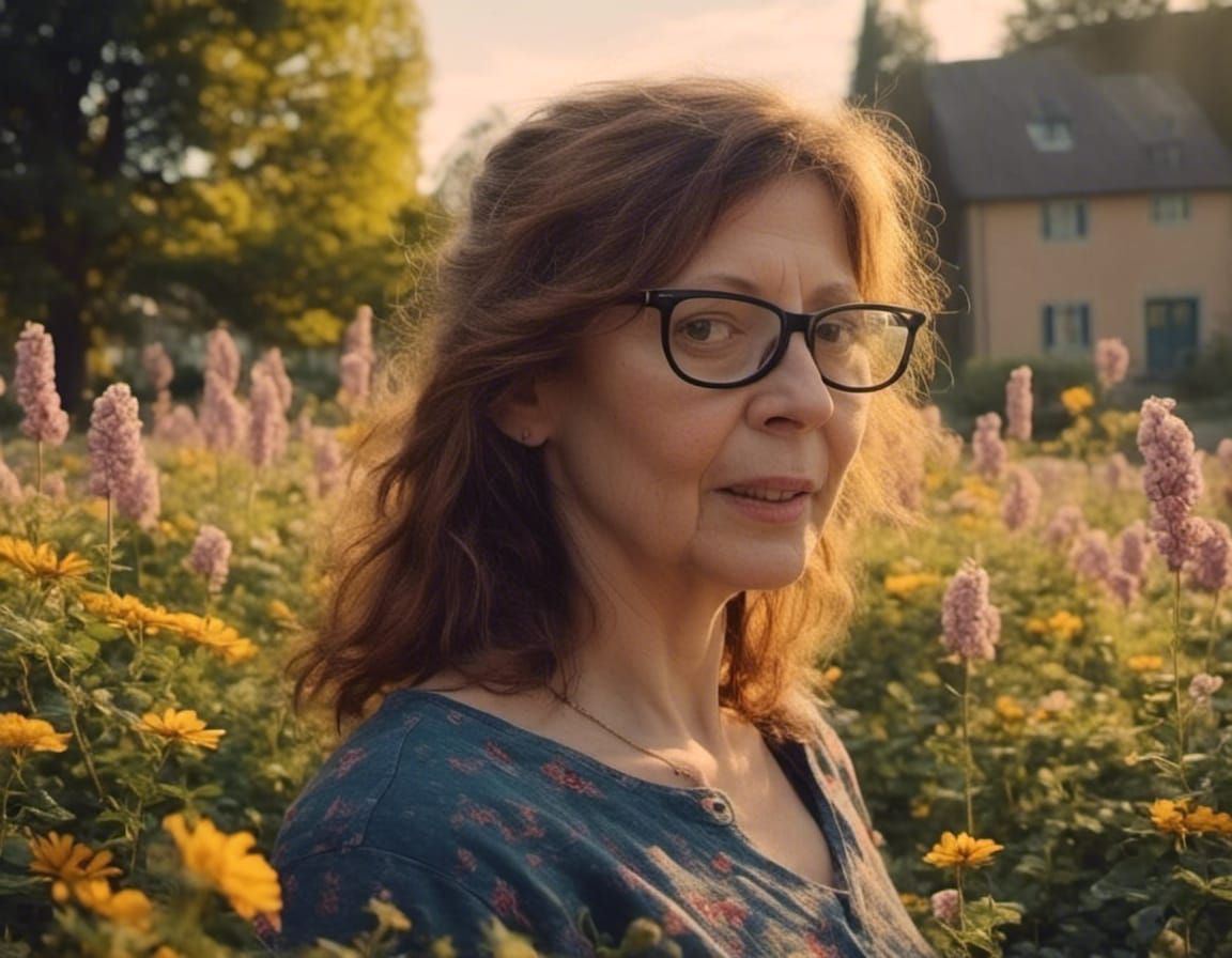 Woman in Blooming Flowers, Folk Art Impressionism