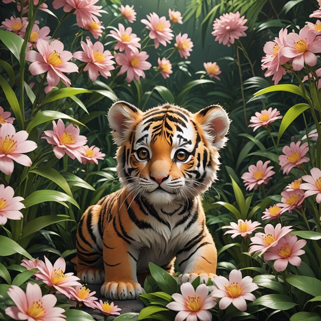 Adorable Baby Tiger in a Floral Jungle as 3D Anime