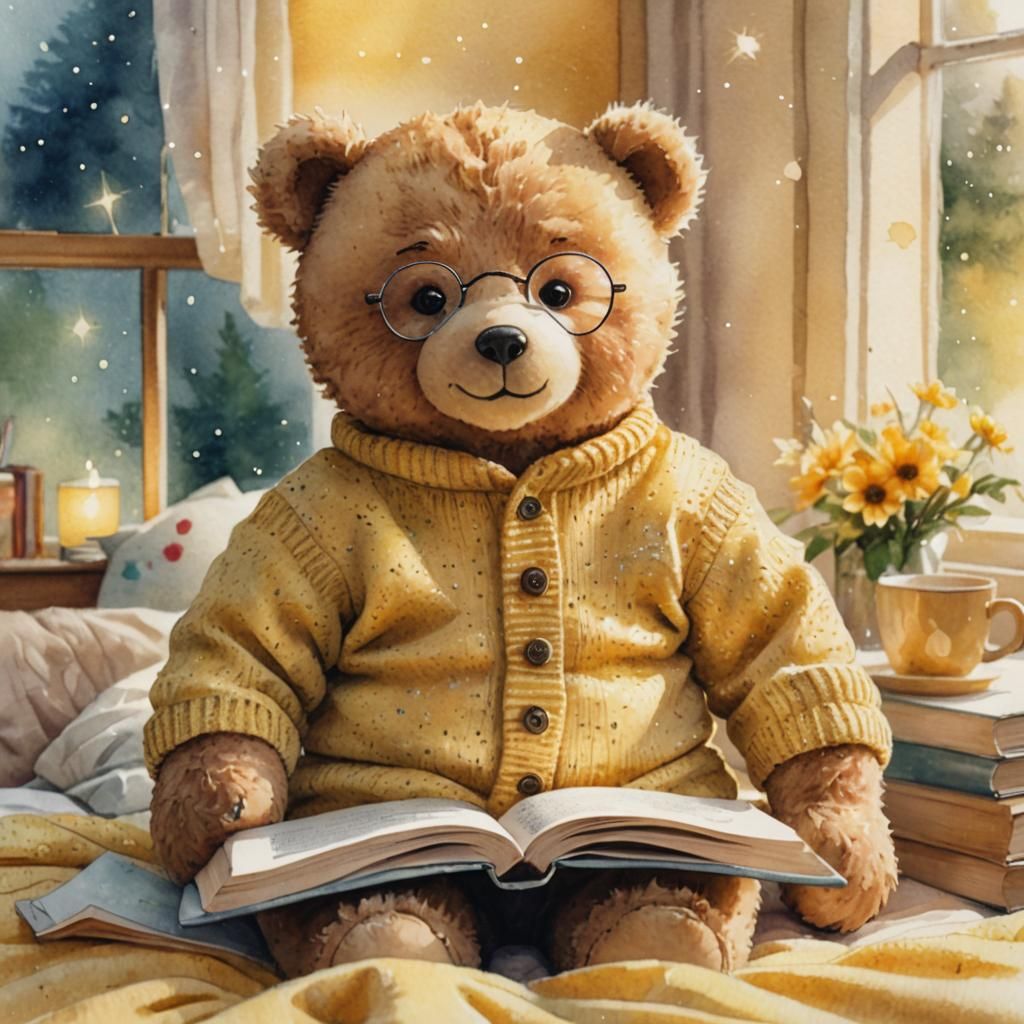 Teddy Bear Reading Book: Whimsical Watercolor Illustration