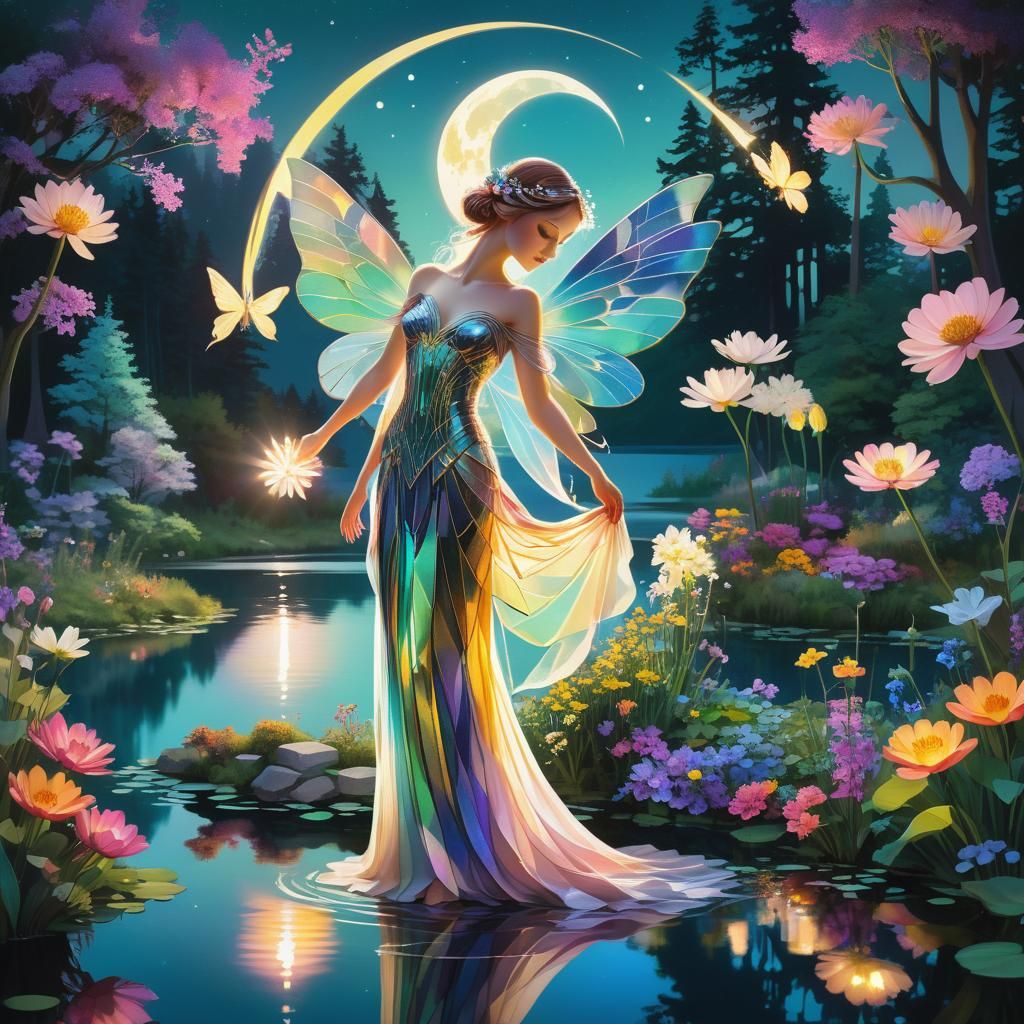 Magical Fairy in Cubist Enchanted Forest Landscape