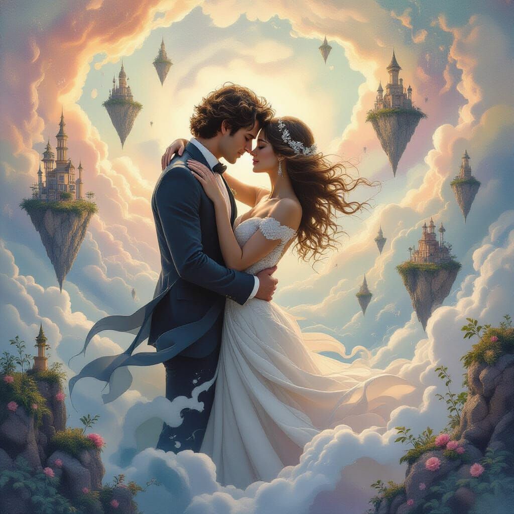 Surreal Embrace in Dreamscape with Double Exposure Effect