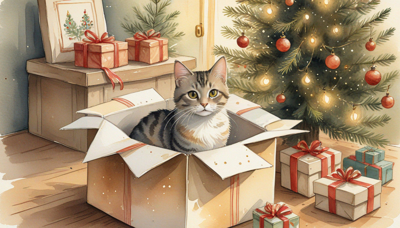 Whimsical Gift Box Christmas Scene in Watercolor