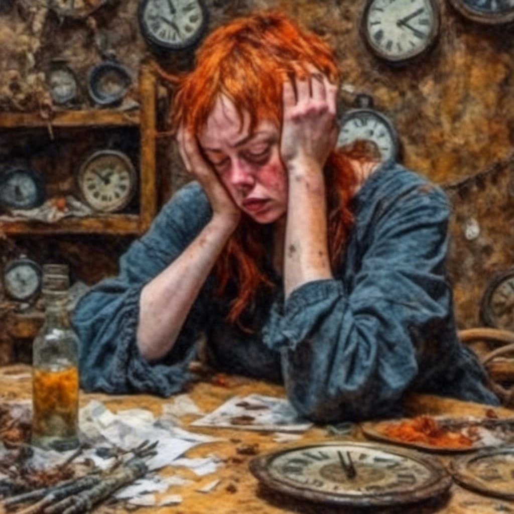 Stressed Person Surrounded by Clocks as Gouache Painting