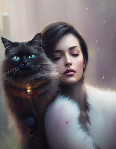 Beautiful Woman with Cat in Watercolor Style