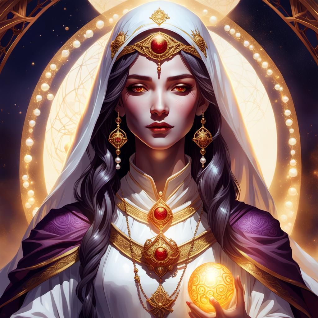 Cleric in White Dress Holding Golden Orb