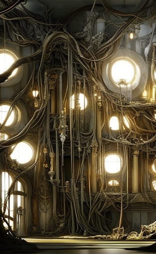 Hyperdetailed Nouveau Rococo House with Bonsai Yggdrasil