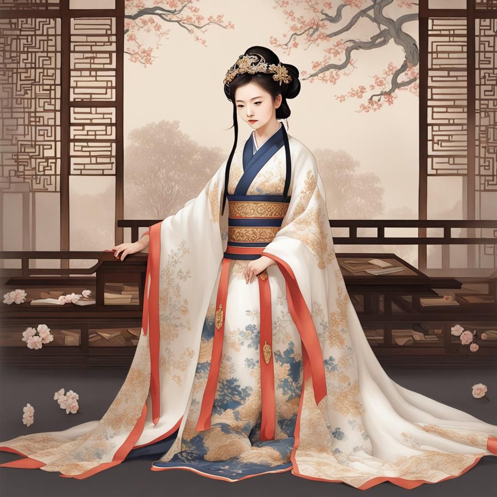 Beautiful Chinese Girl in Red Hanfu Dress