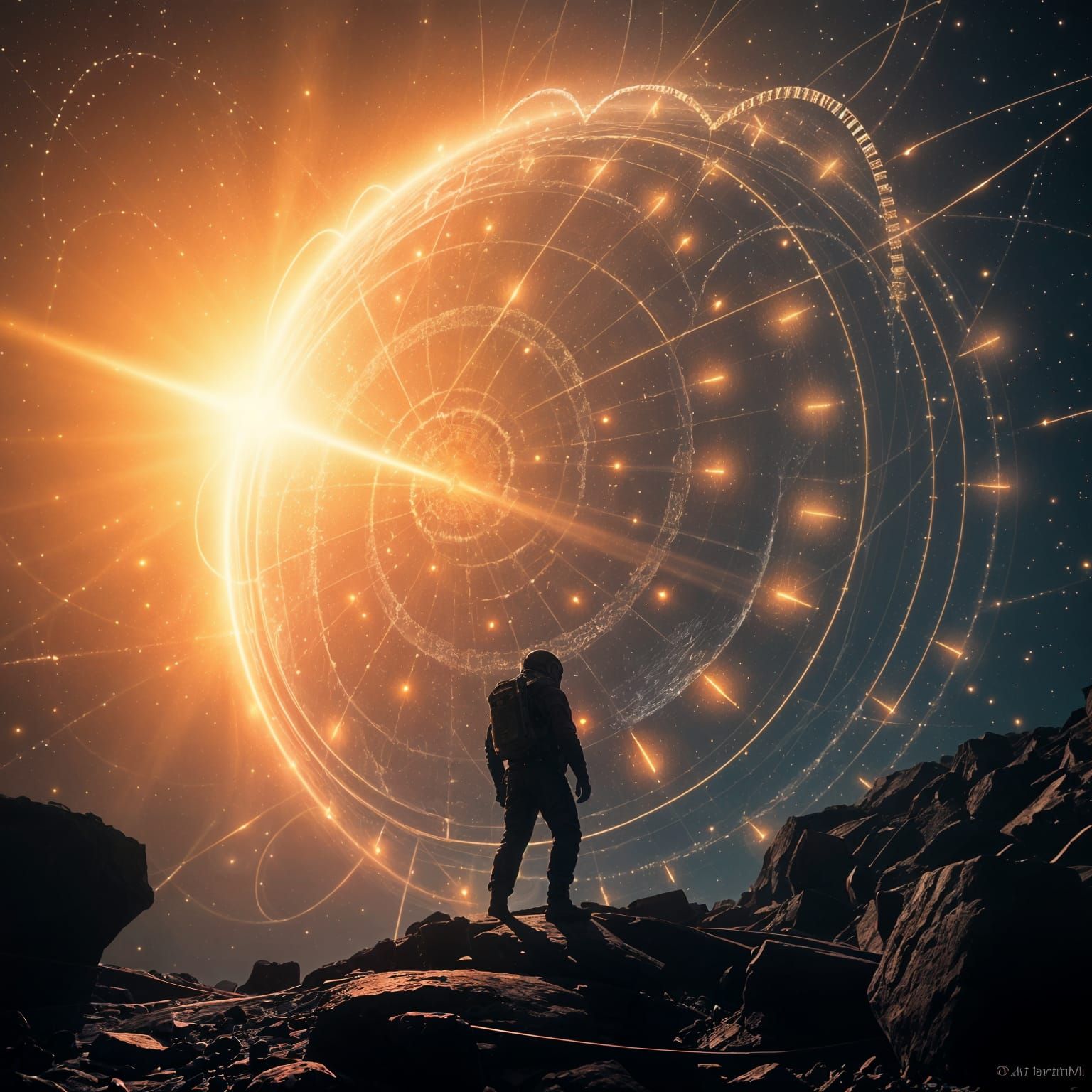 Space Explorer Interacting with Abandoned Dyson Sphere