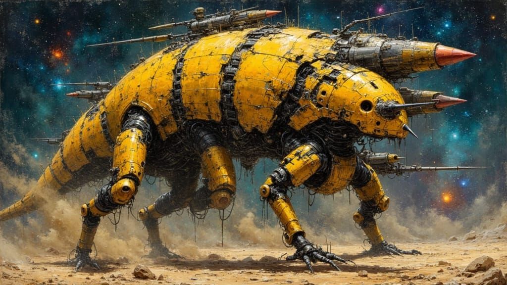 Gold Mecha Warrior with Kintsugi Cracks in Cyberpunk Style