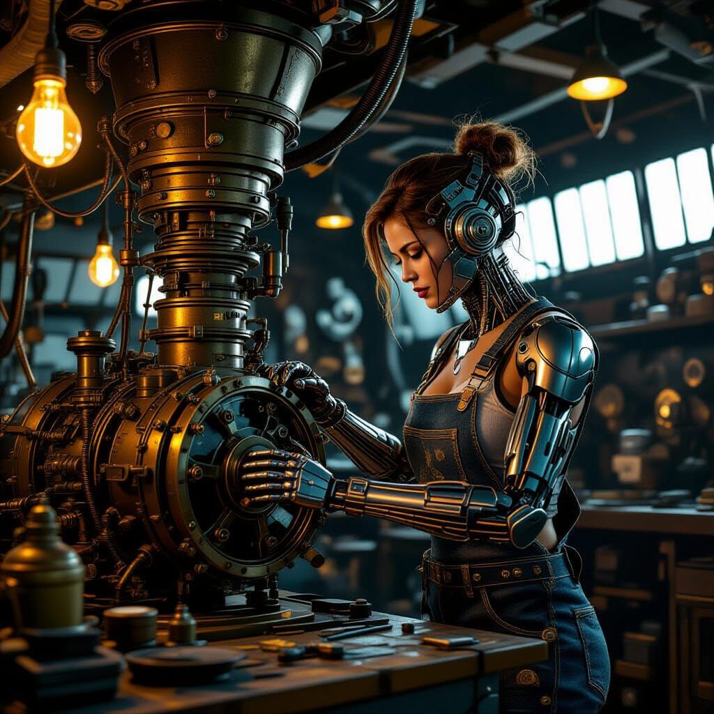 Steampunk Cyborg Mechanic Working on Airship Engine