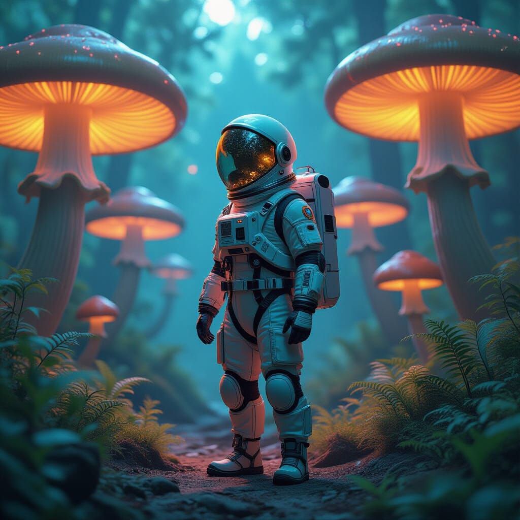 Astronaut Discovering Bioluminescent Flora in Alien Grove