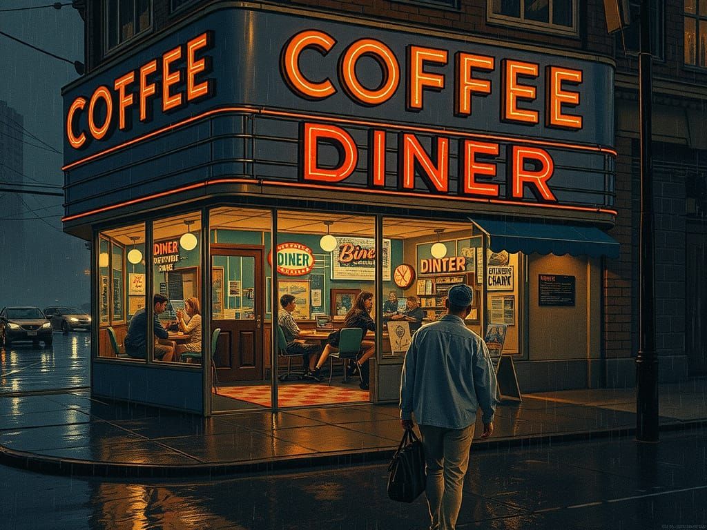 Rainy City Diner with Neon Reflections