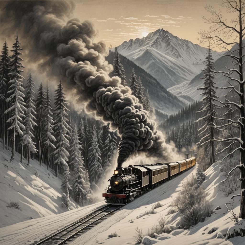 Steam Train Ascends Snowy Mountain: Charcoal Drawing