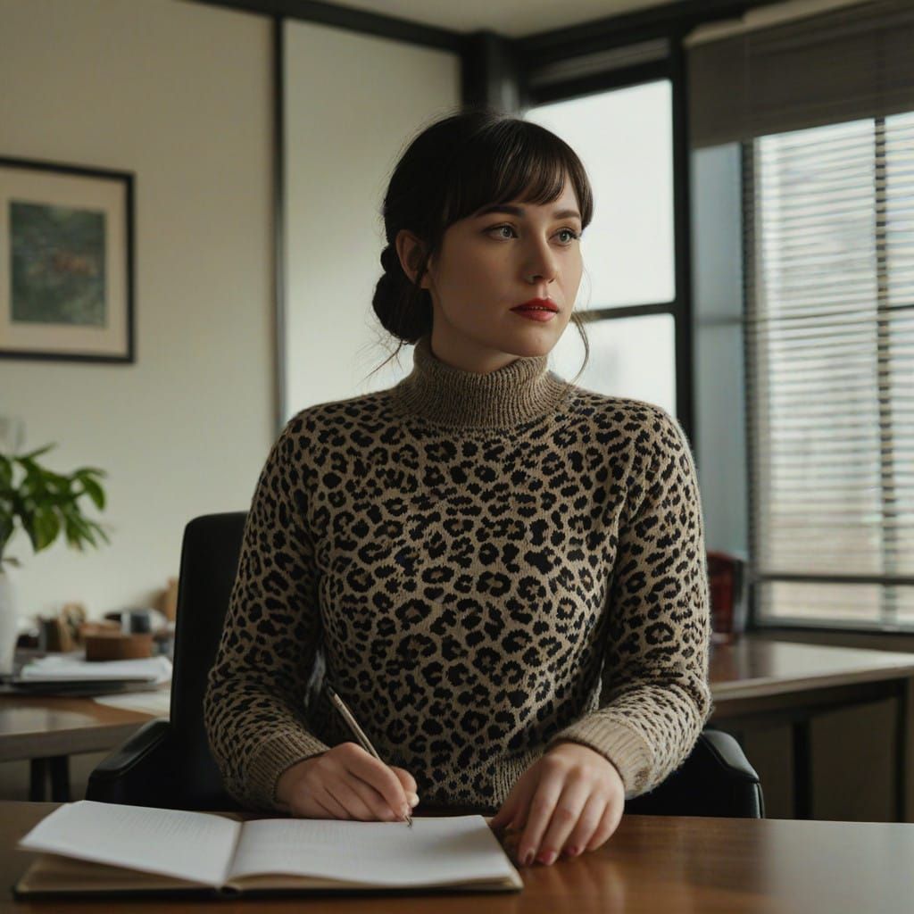 Confident Woman in Leopard Print Sweater, Captured in Cinema...