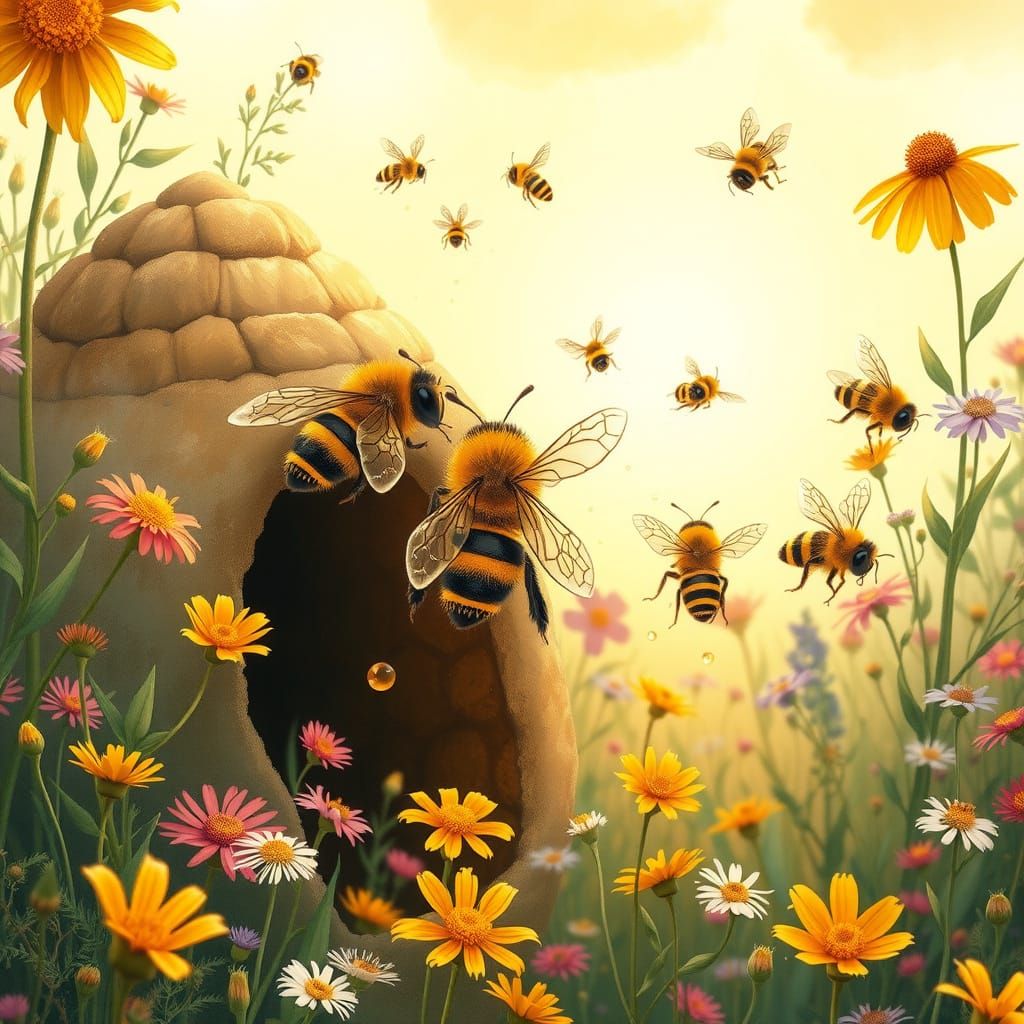 Vibrant Bees in Whimsical Summer Meadow