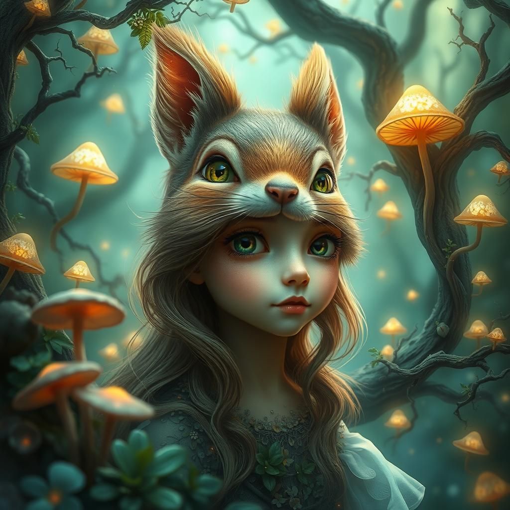 Mystical Squirrel-Faced Girl in Dreamlike Forest