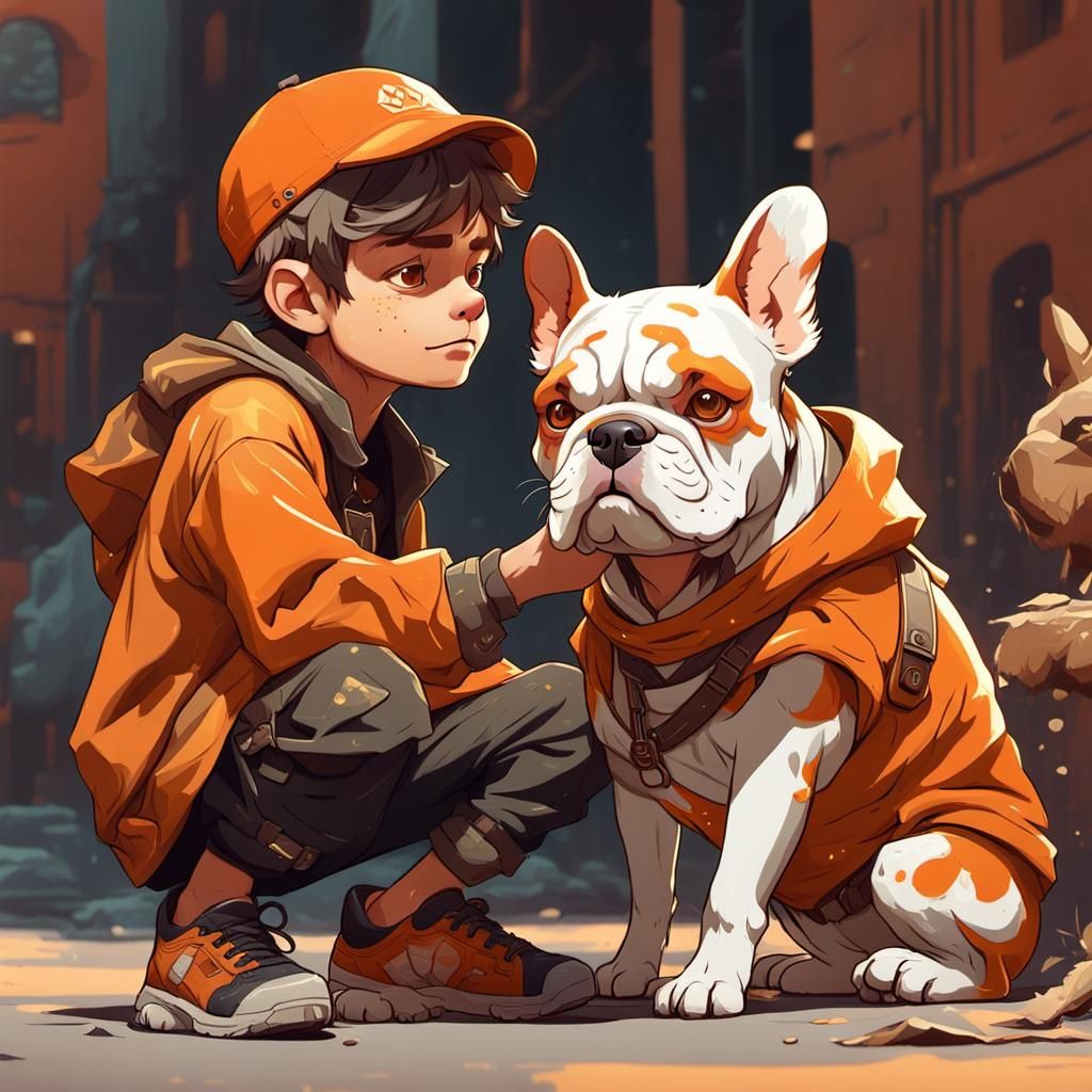 Homeless Boy and Bulldog in Detailed Matte Painting