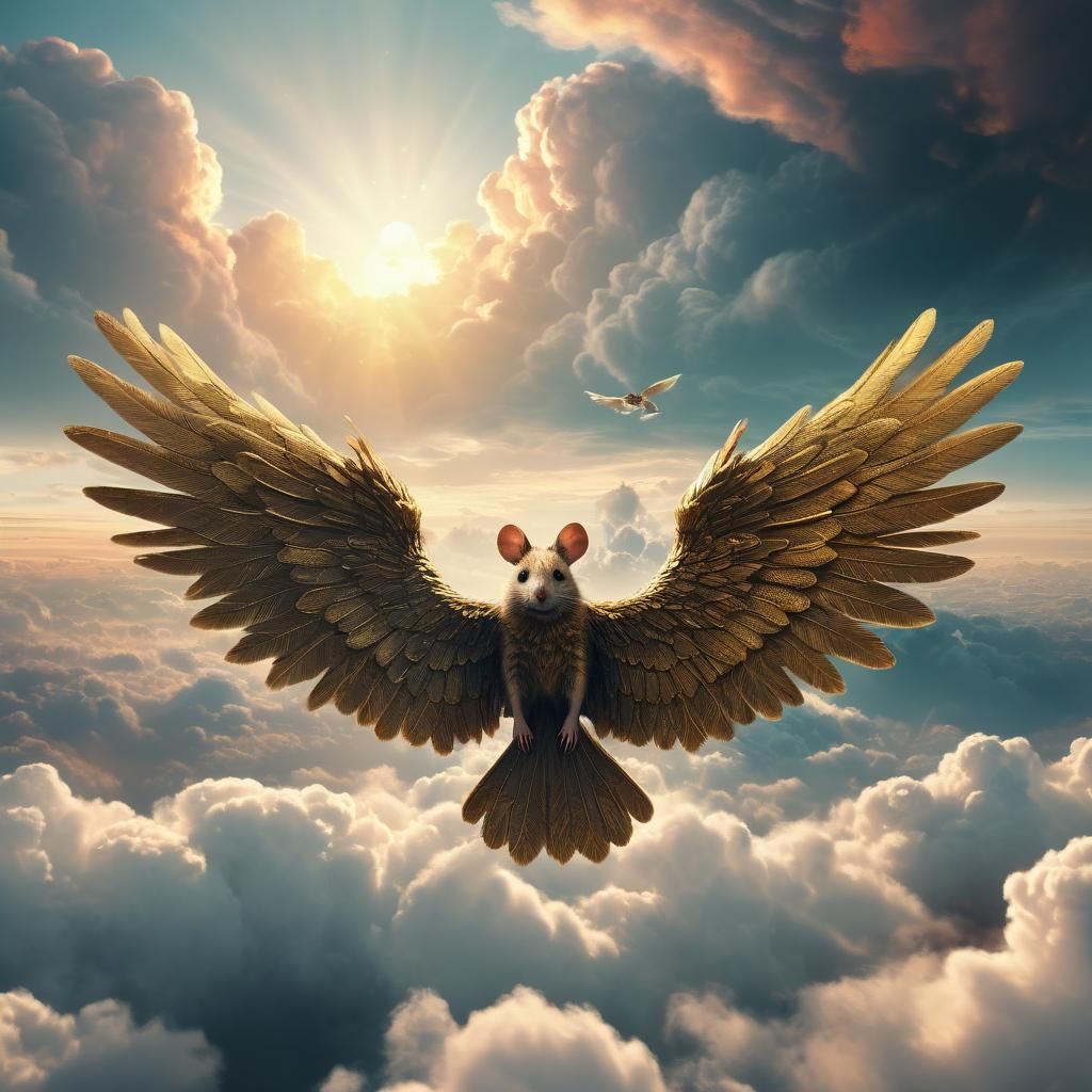 Angel Rat Soaring Through Clouds, Digital Matte Painting