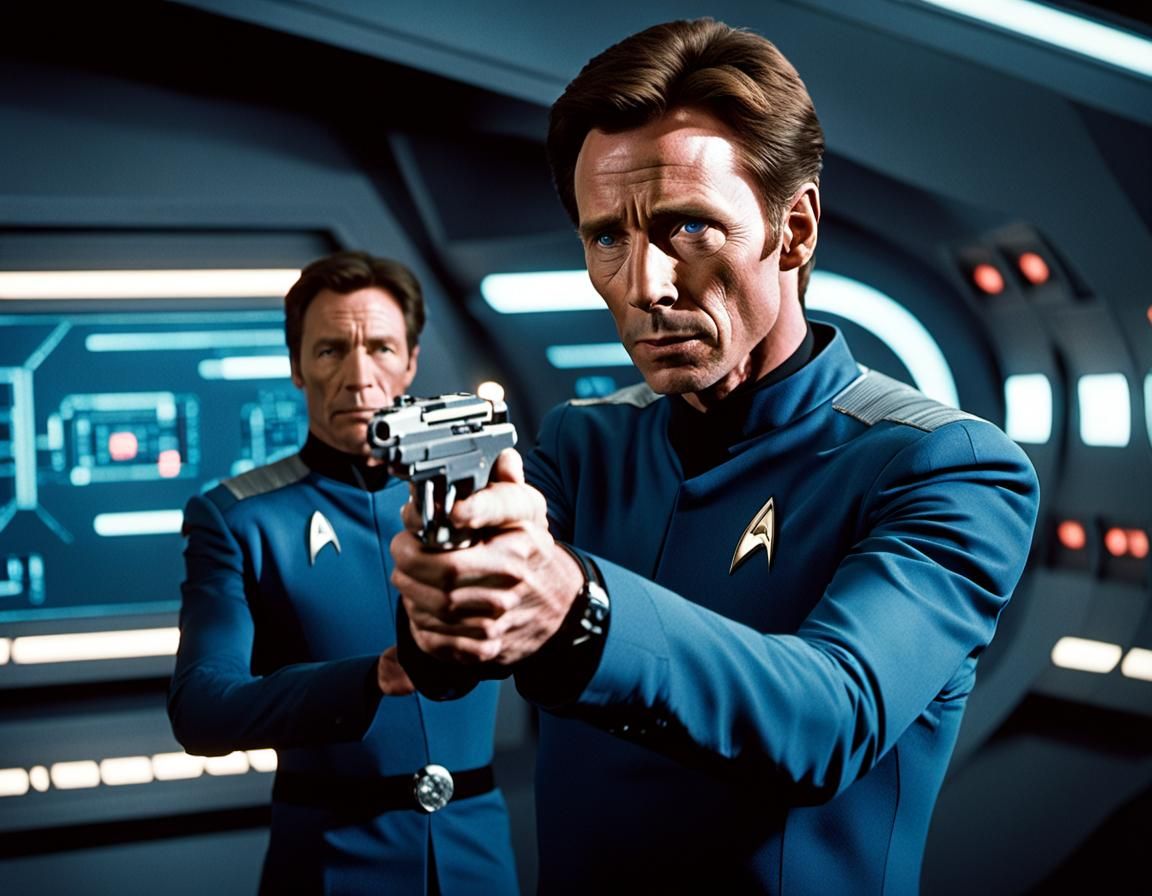 Star Trek Enterprise - Malcolm Reid (Dominic Keating) firing a phase pistol at a Suliban