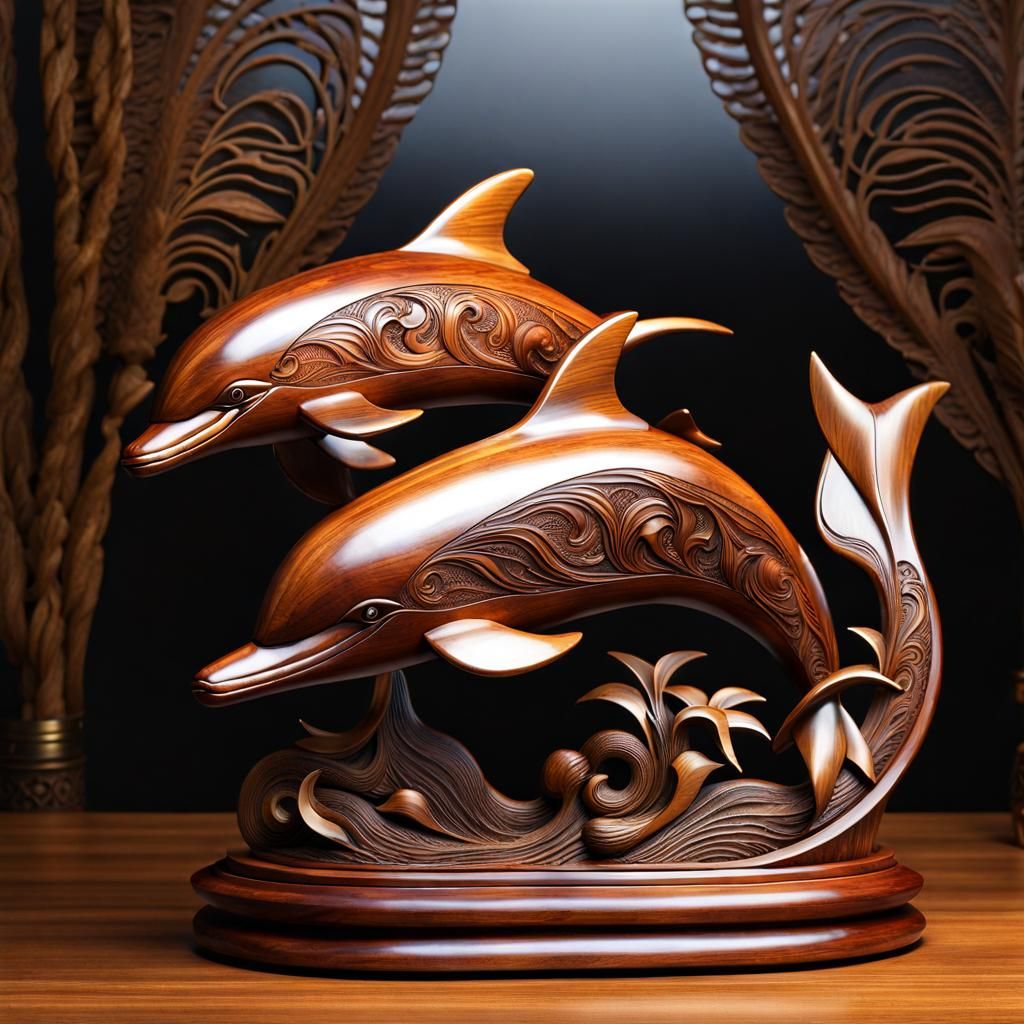 Wood  carved dolphin sculpture