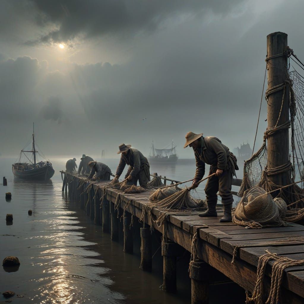 Dutch Golden Age Fishermen Mending Nets on Foggy Pier