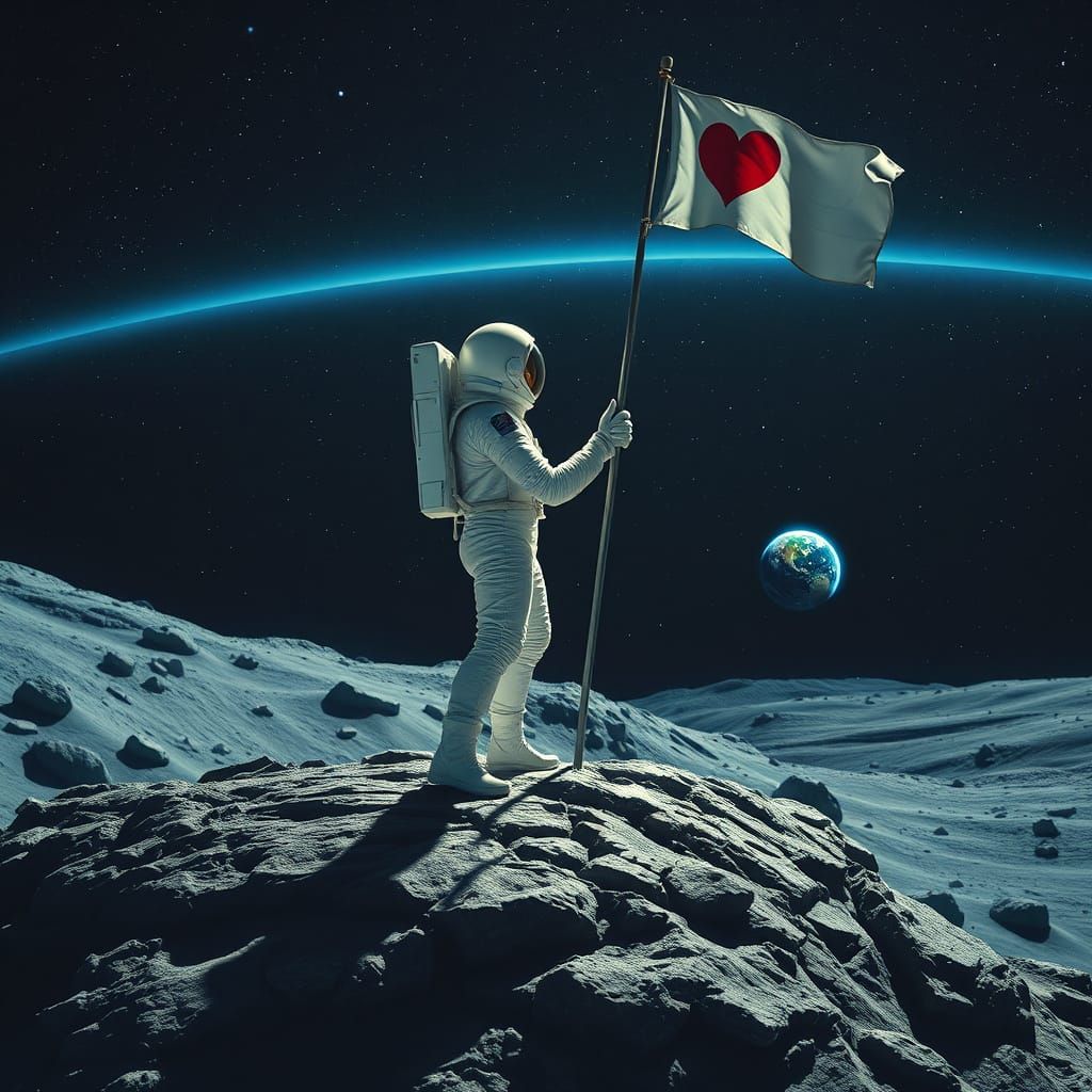 Astronaut Plants Heart Flag on Barren Asteroid Amidst Starry...