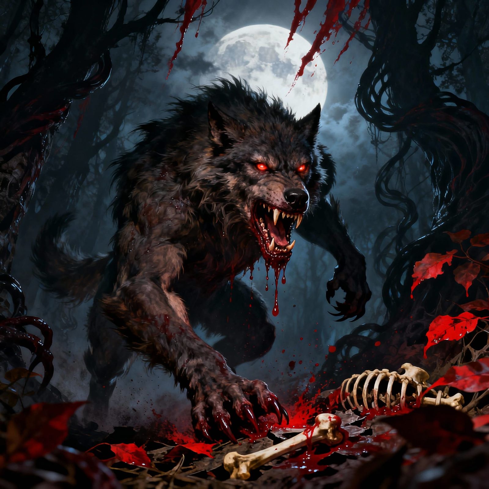 Terrifying Werewolf in Bloody Moonlit Forest