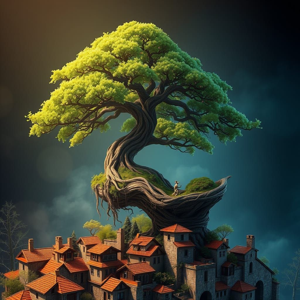 Surreal Bonsai Tree Suspended Above Enchanted Village