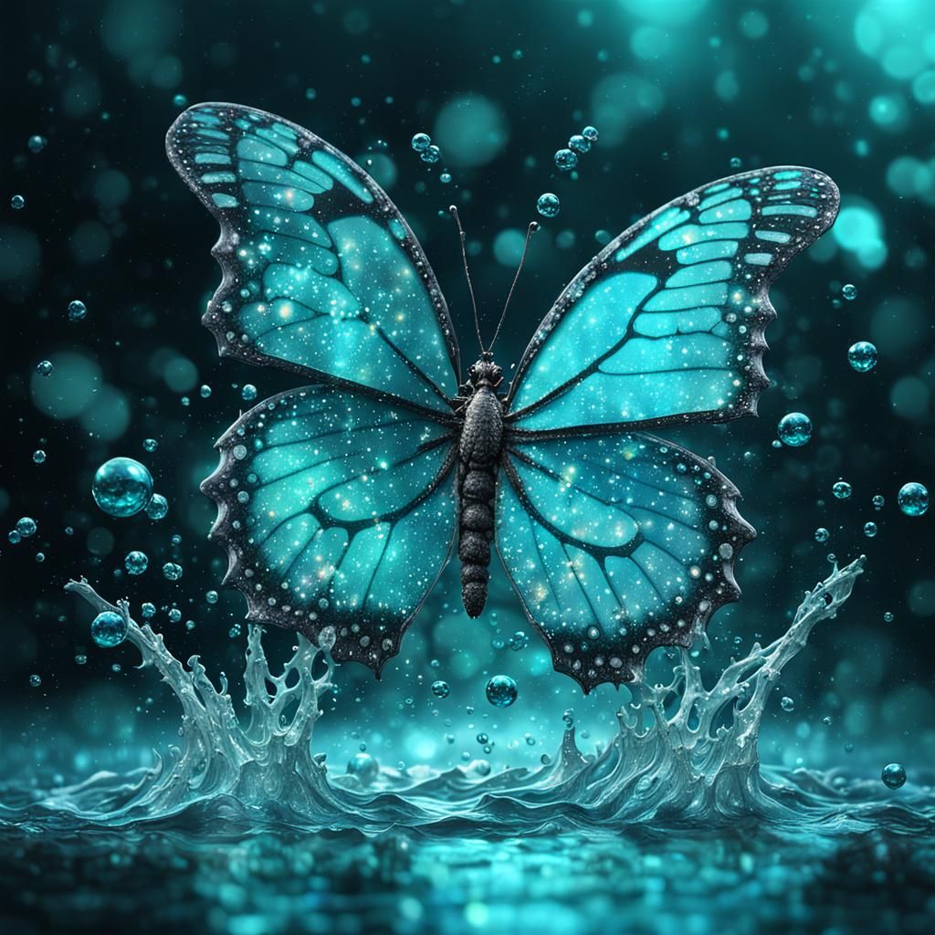 Glittering Butterfly in Turquoise Water, Fantasy Art