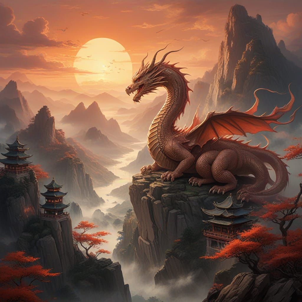 Ancient Dragon on Mountain Peak in Chinese Ink Wash Style