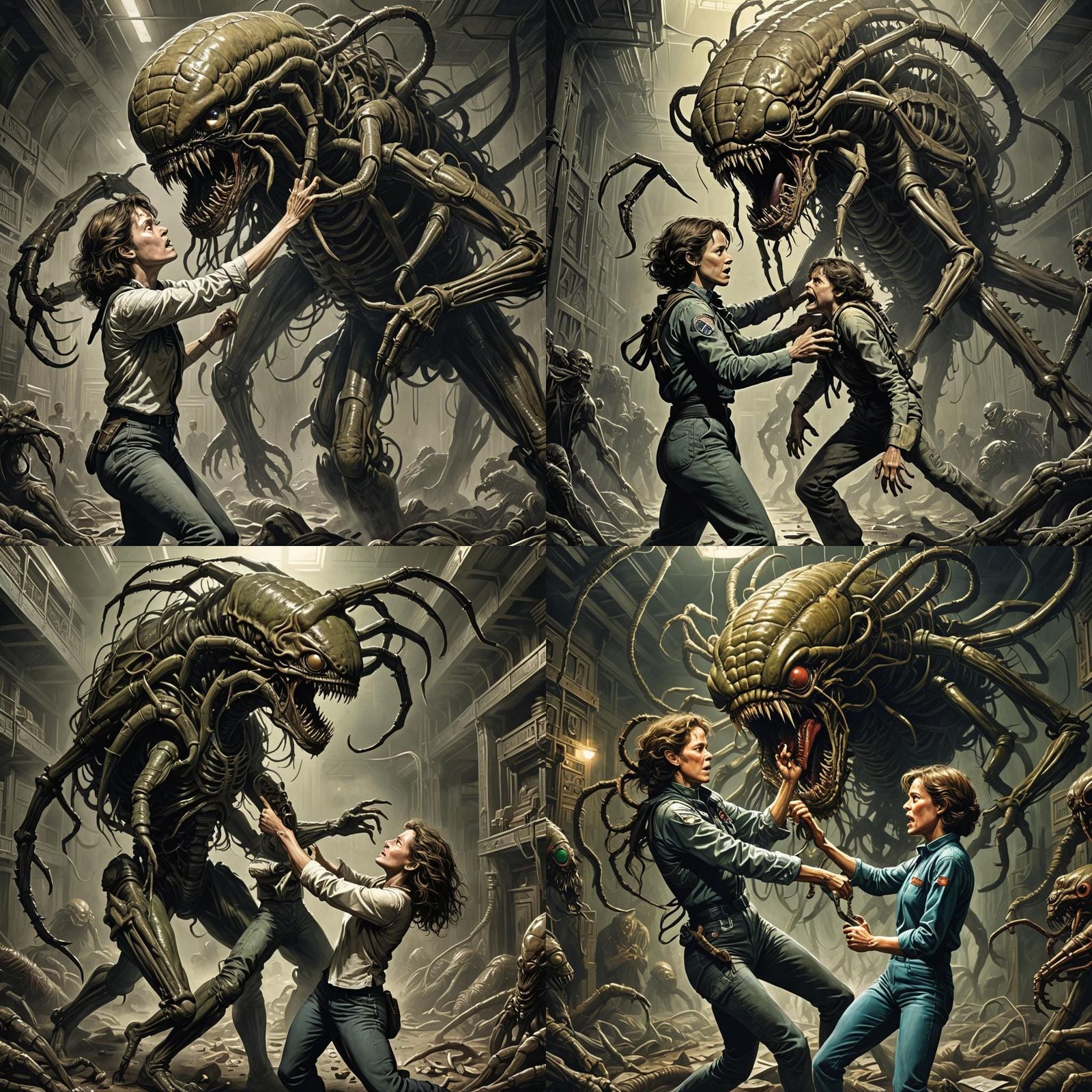 Alien Face Hugger Battle: Horror Engraving