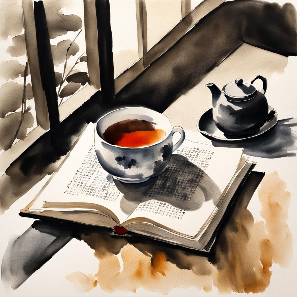 Minimalist Sumi-e Painting of Tea, Book, and Cat