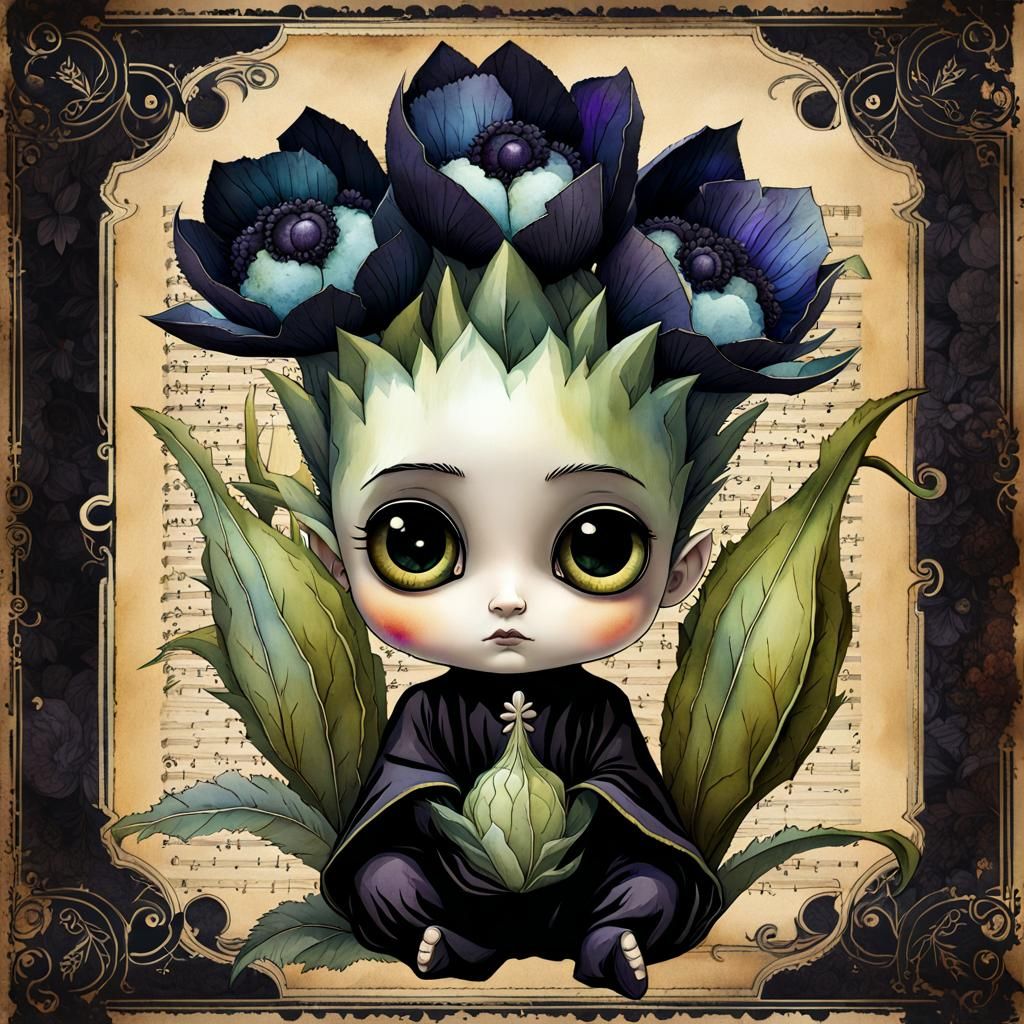 Watercolor Artichoke Child in Gothic Garden