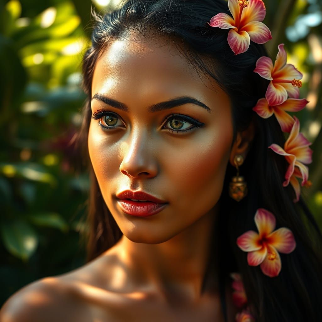 Serenely Adorned Polynesian Goddess in Tropical Paradise